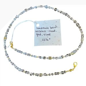Handmade Beaded Necklace Women 22.5" Clear Silver Gold Upcycled Boho